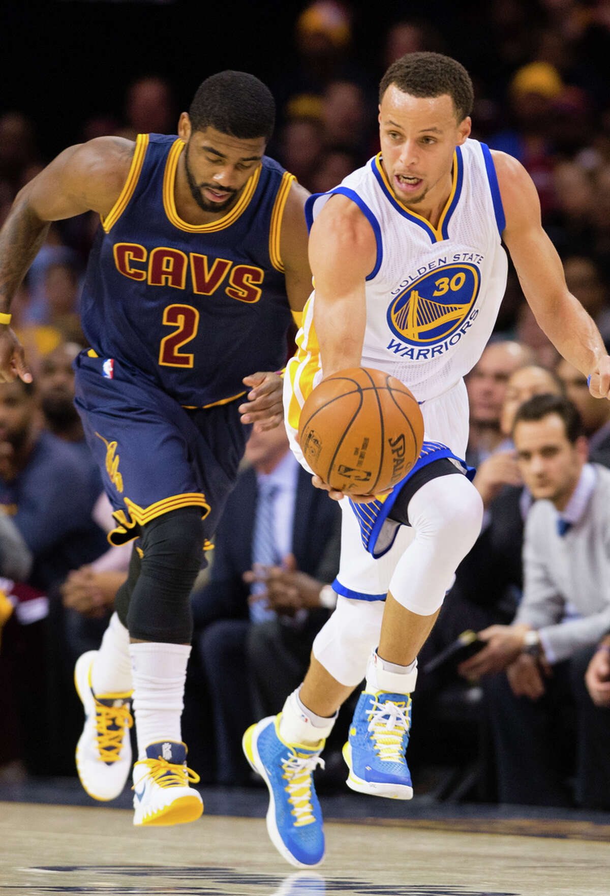 Stephen Curry (right), pursued by fellow All-Star Kyrie Irving, had 18 points on 5-of-17 shooting.