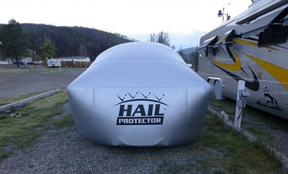 The Hail Protector is an inflatable cover for vehicles that will block projectiles such as hail from damaging the vehicle's exterior.