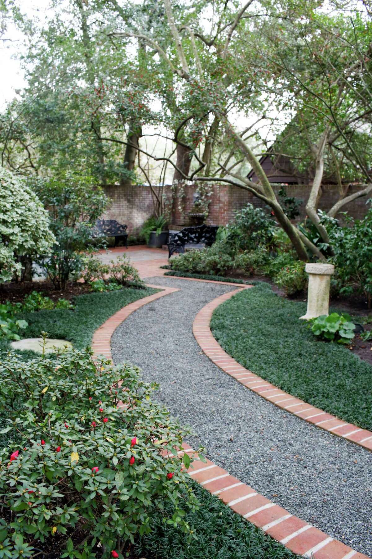 Varying green textures, camellias and azaleas line a garden path at a River Oaks home on the Azalea Trail.