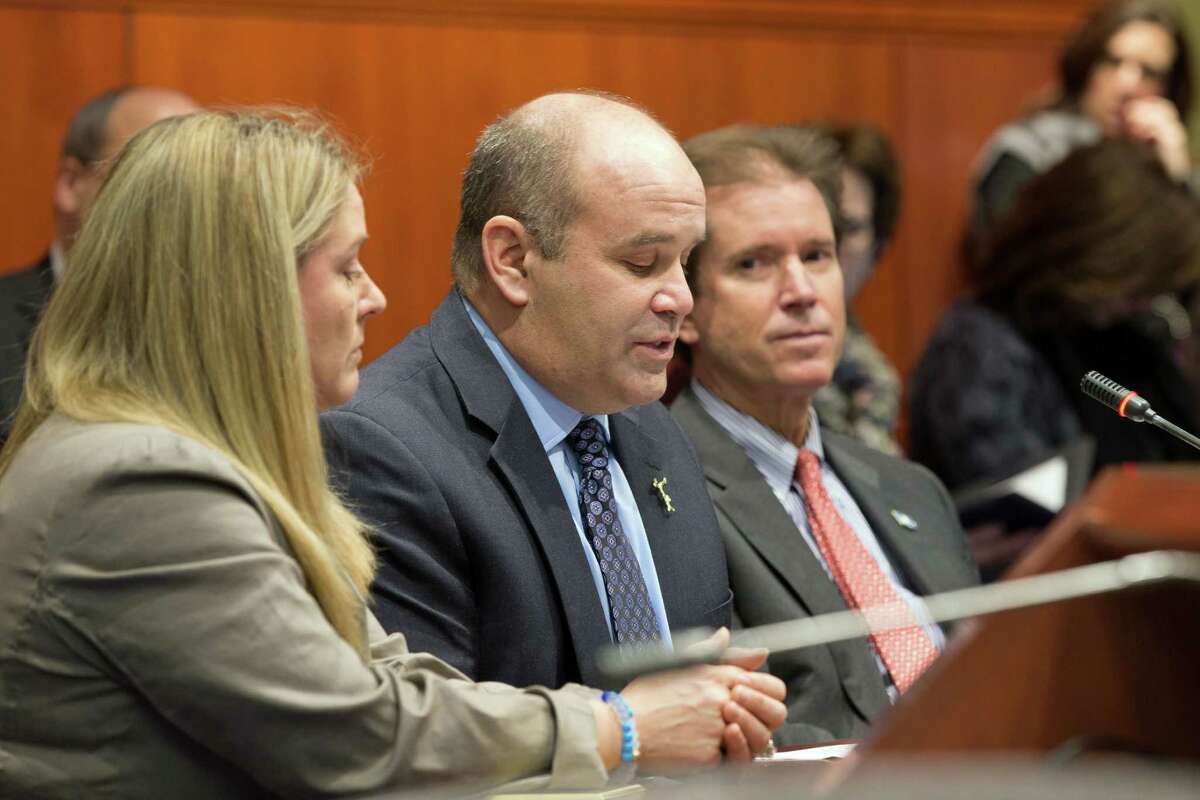 Greenwich resident Joseph Fedorko, center, testifies in favor of a boating safety bill before the General Assembly's Environment Committee in Hartford Friday. At his sides are wife Pam Fedorko and state Sen. L. Scott Frantz, R-36th. The Fedorkos' daughter, Emily, was killed while tubing behind a boat on Long Island Sound last August.