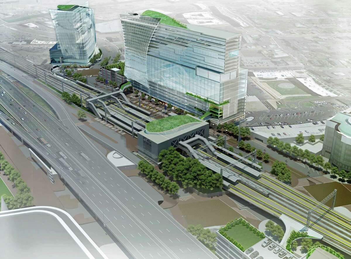 Artist rendering of a proposal to redevelop the area around the Stamford train station that would replace the existing 1985 parking garage with 600,000 square feet of commercial office space, 60,000 square-feet of street-level retail space, a hotel with approximately 150 rooms and about 150 residential units.