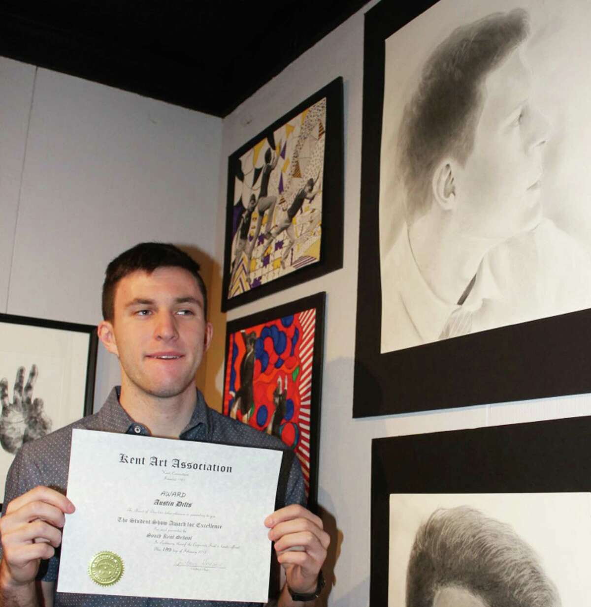 Austin Dilts, a student at South Kent School, was one of nine winners at the recent Kent Art Association student art show. Austin was recognized for his self-portrait, shown here, upper right. February 2015 Courtesy of Kent Art Association