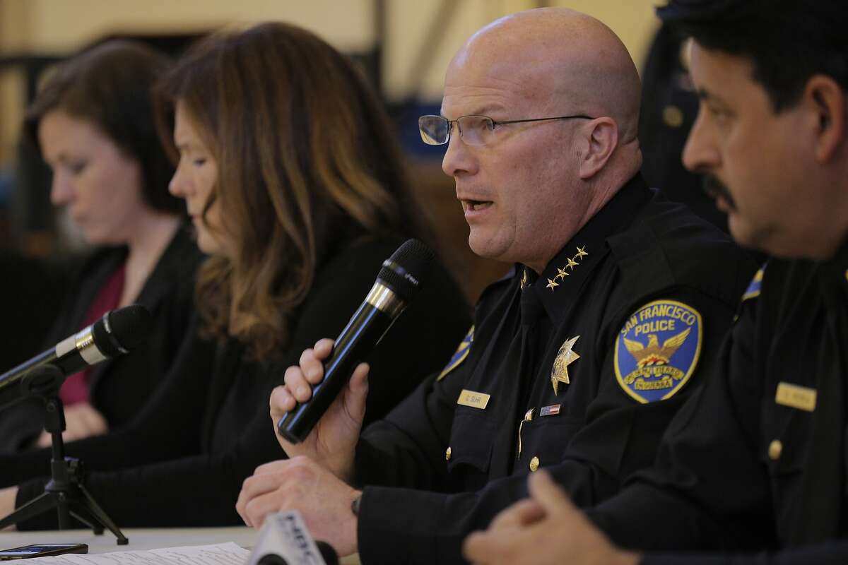 SFPD Chief Greg Suhr speaks to the audience during a town hall meeting on Monday, March 2, 2015, in San Francisco, Calif., to address the officer-involved shooting of Amilcar Perez-Lopez, who was killed the previous Thursday.
