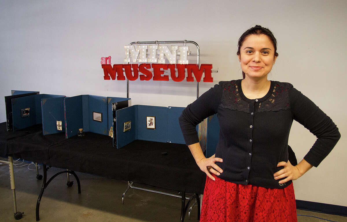 Mary Elizabeth Cantú stands in front of the Mini Art Museum in her classroom at the Henry Ford Academy.