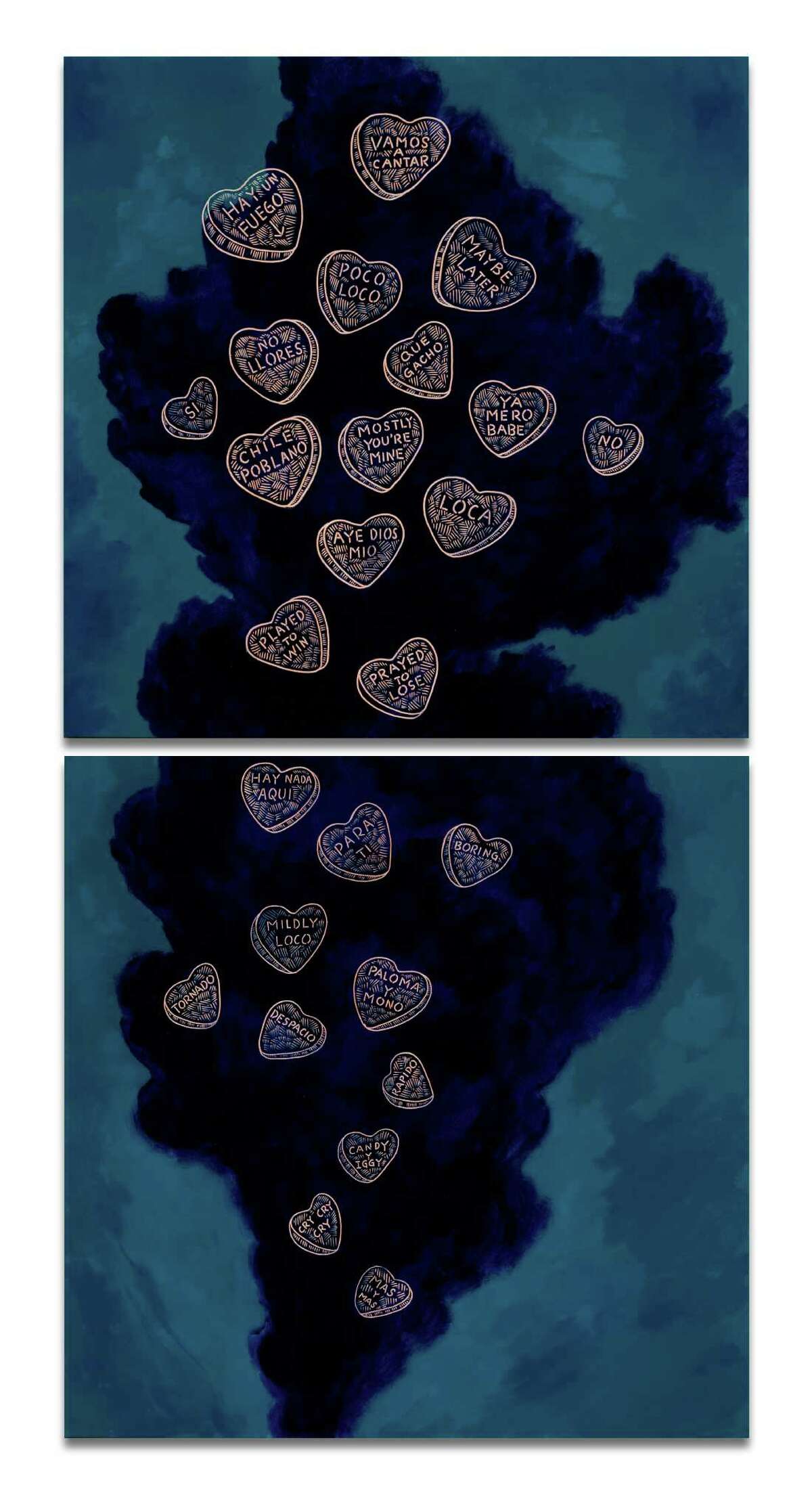 "Candy Hearts 1" by Ricky Armendariz is one of the works featured in "More than Words," a Contemporary Art Month exhibit at Ruiz-Healy Art.