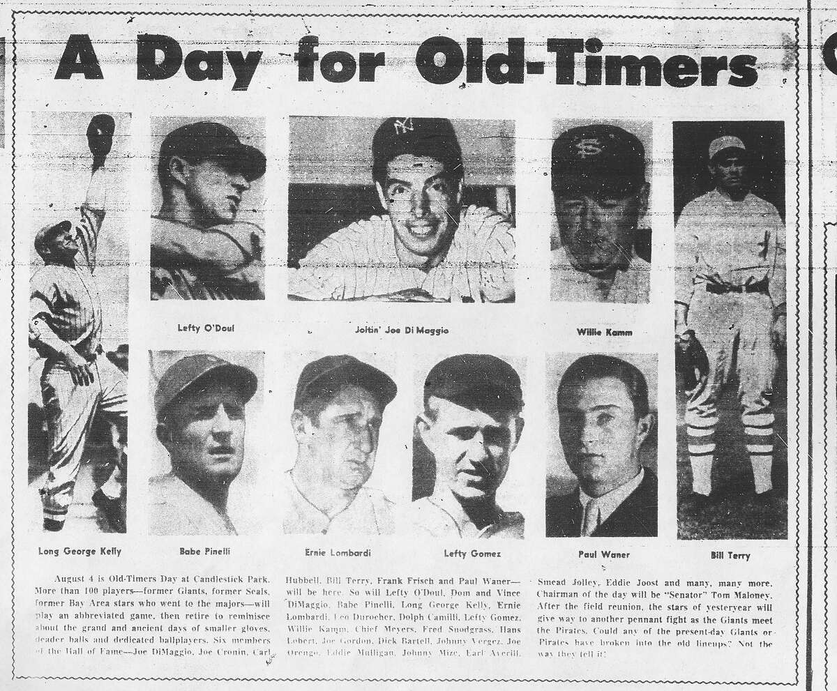 The DiMaggio brothers donned old San Francisco Seals uniforms for  participation in the old-timers game at Candlestick Park preceding the  Giants-Pirates game in San Francisco on August 4, 1962. The brothers are