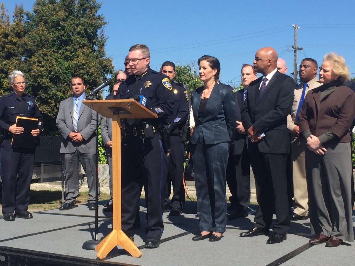 Oakland Police Sean Whent, Mayor Libby Schaaf and other local and state leaders announce the arrests of 16 alleged members of two rival gangs.