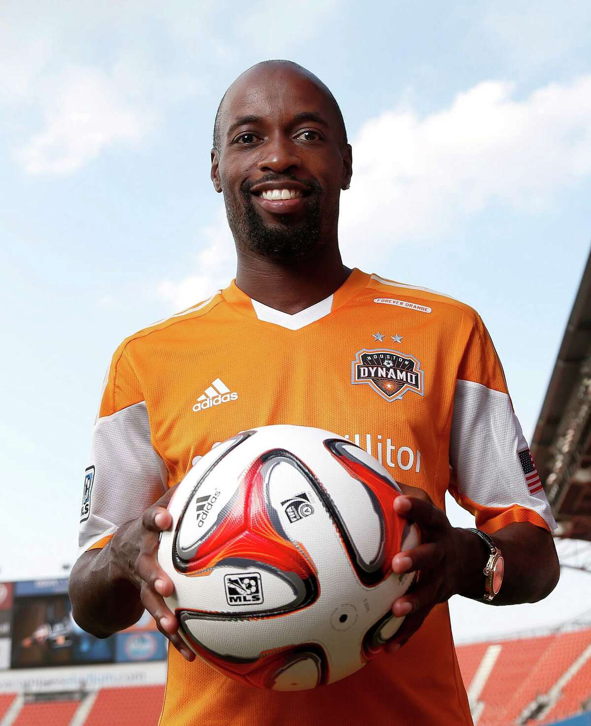 Houston Dynamo's new player DaMarcus Beasley poses for a portrait after a press conference to introduce him at the BBVA Compass Stadium, Thursday, July 24, 2014, in Houston. ( Karen Warren / Houston Chronicle )