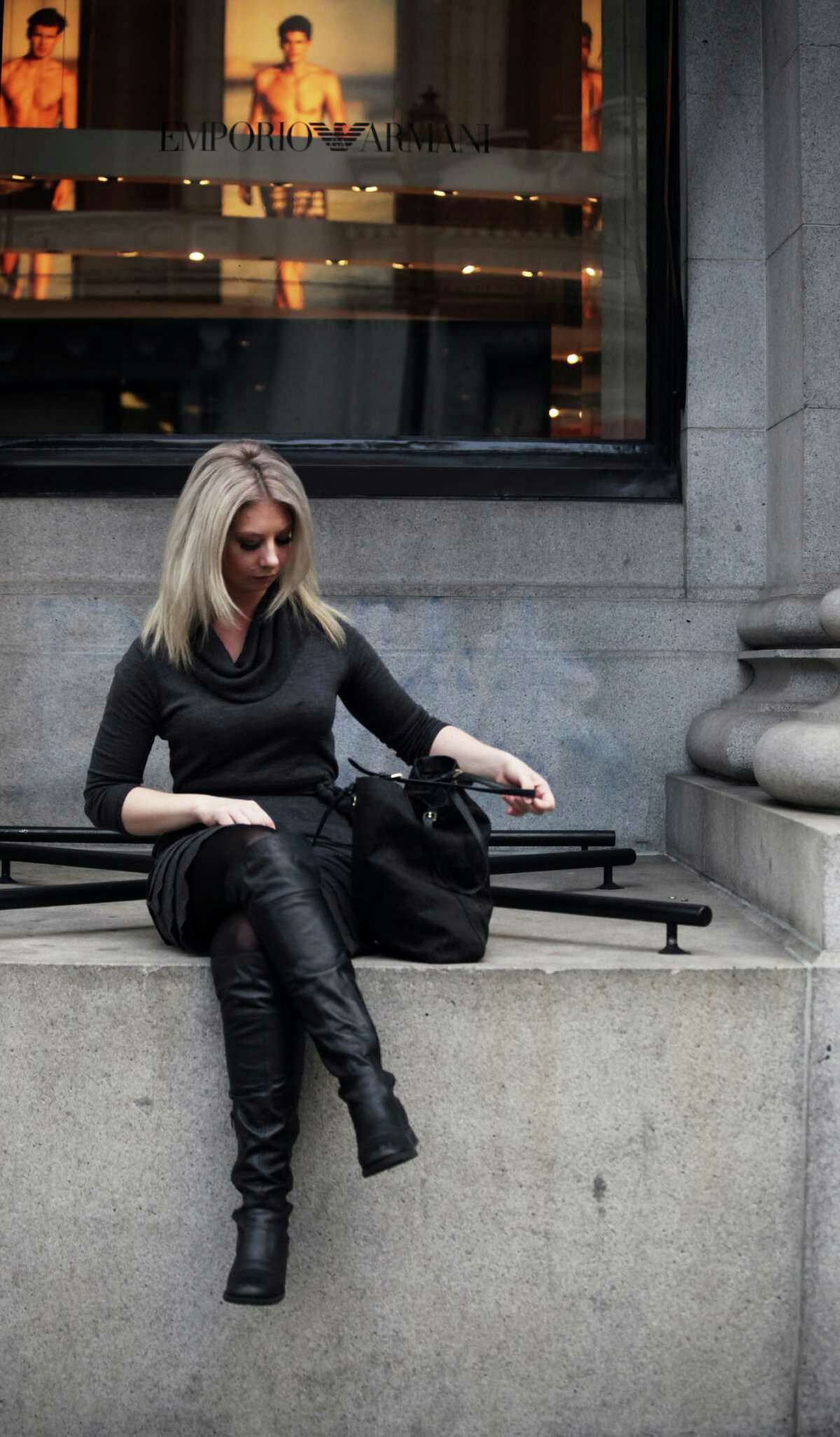 Ashley Lepesh perches in front of the Armani Imports building in the Financial District.