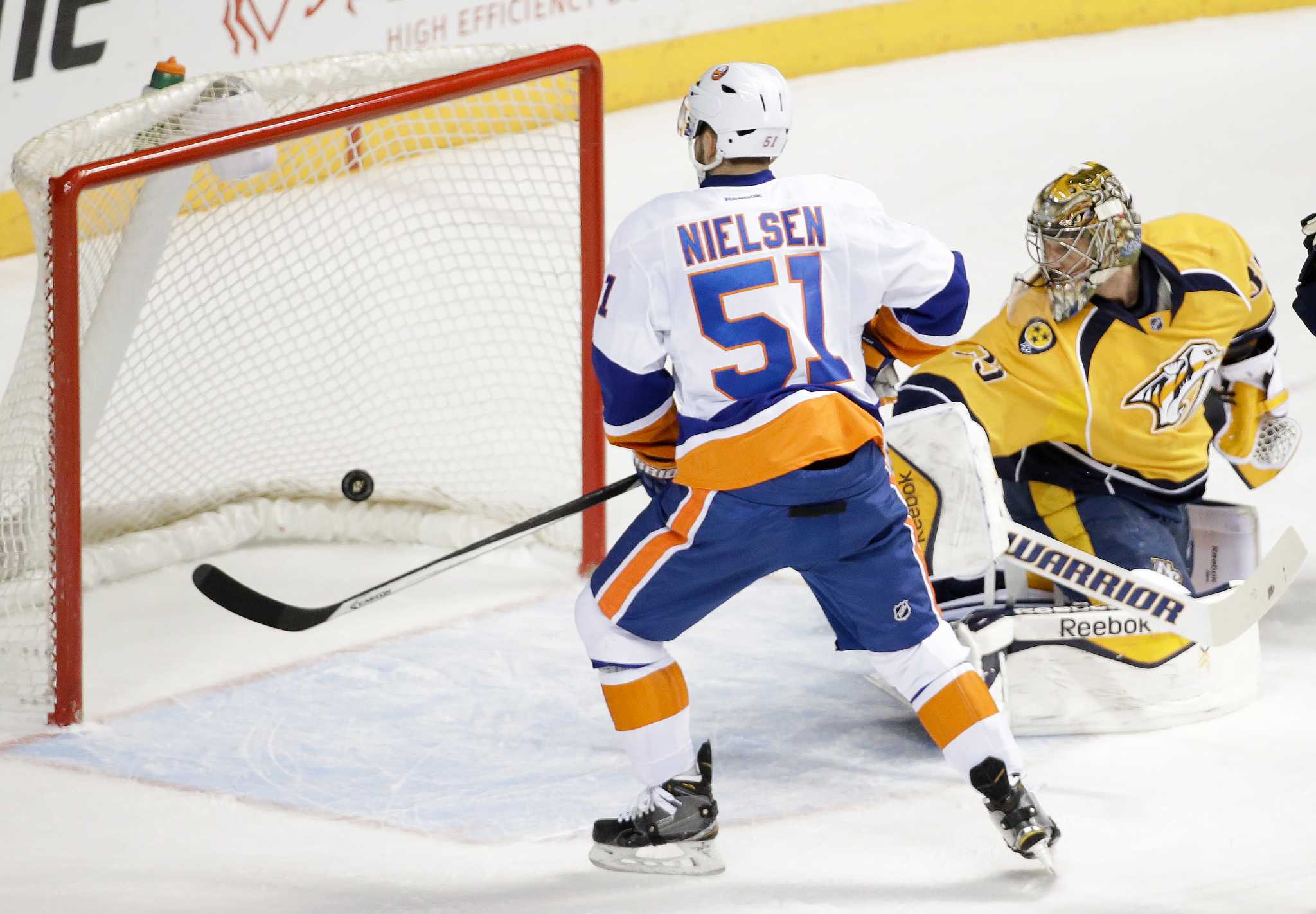 Nashville Predators goalie Pekka Rinne scores to help seal victory
