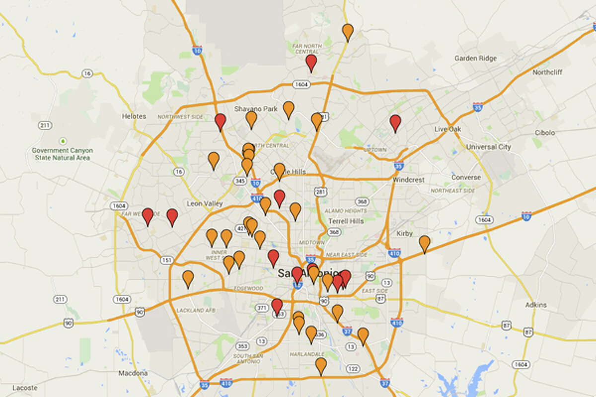 Click through to see the San Antonio restaurants with 14 or more demerits on health inspection reports from February 20-March 6, 2015.  This map represents the establishments on that list over the last month; red markers are the most recent offenders.