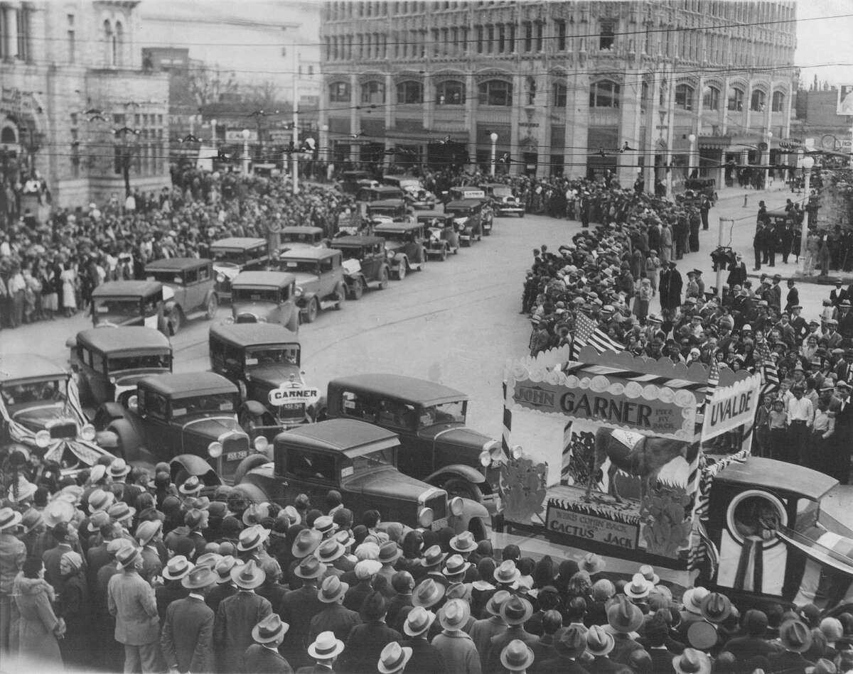 San Antonio Parade for John Nance Garner for President in 1932 in Alamo Plaza. The old Medical Arts Building is in the background (where Emily Morgan Hotel is today) and the old Federal Building is on the left. He didn’t win that race but secured the vice presidency at a contested convention, joining the ticket with Franklin Delano Roosevelt.