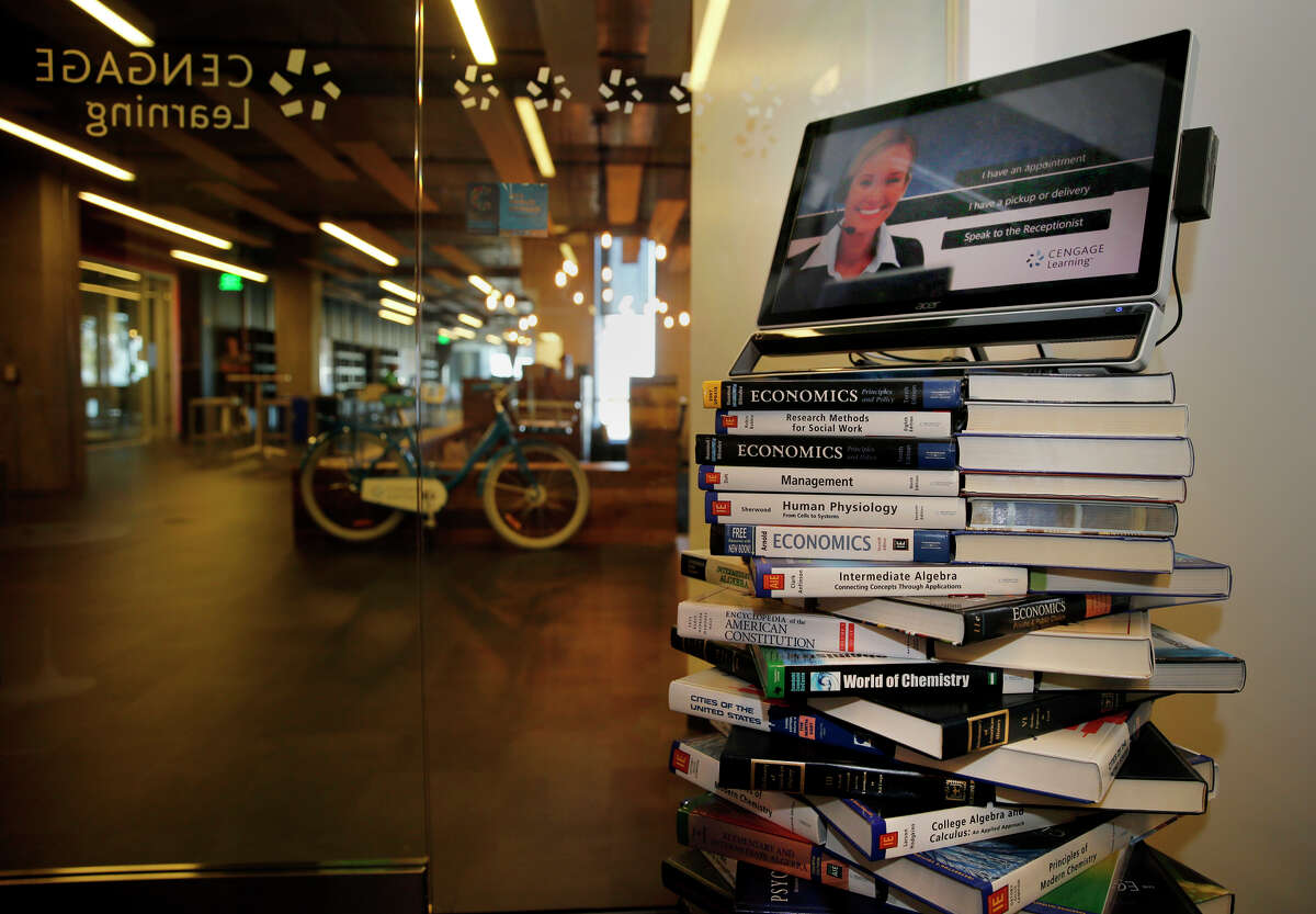 Cengage, a textbook publishing giant with offices in San Francisco, has developed MindTap, a digital learning platform. In the company’s reception area, dozens of textbooks prop up a digital receptionist.
