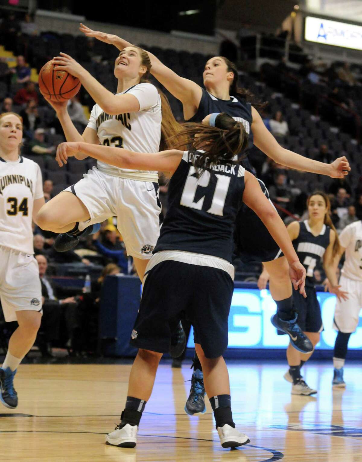 Quinnipiac's Nickoline Ostergaad drives to the basket during their Women's MAAC Championship quarterfinals game against Monmouth at the Times Union Center on Friday March 6, 2015 in Albany, N.Y. (Michael P. Farrell/Times Union)