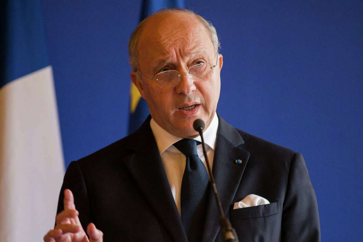 French Foreign Minister Laurent Fabius delivers remarks during a news conference with Secretary of State John Kerry, on Saturday, March 7, 2015, in Paris. Kerry is meeting with the foreign ministers of France, Germany, and Britain to brief them on the status of nuclear negotiations with Iran. (AP Photo/Evan Vucci)