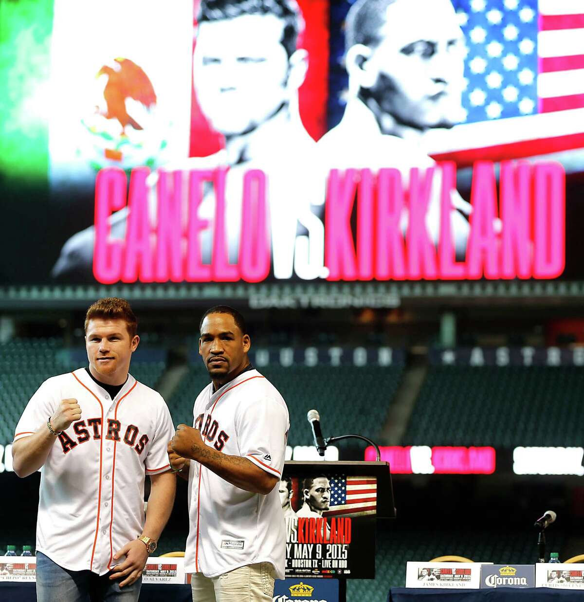 Boxers Canelo Alvarez left, and James Kirkland pose for photograph during a press conference announcing the May 9th boxing match between Alvarez and Kirkland at Minute Maid Field Tuesday, March 3, 2015, in Houston. ( James Nielsen / Houston Chronicle )