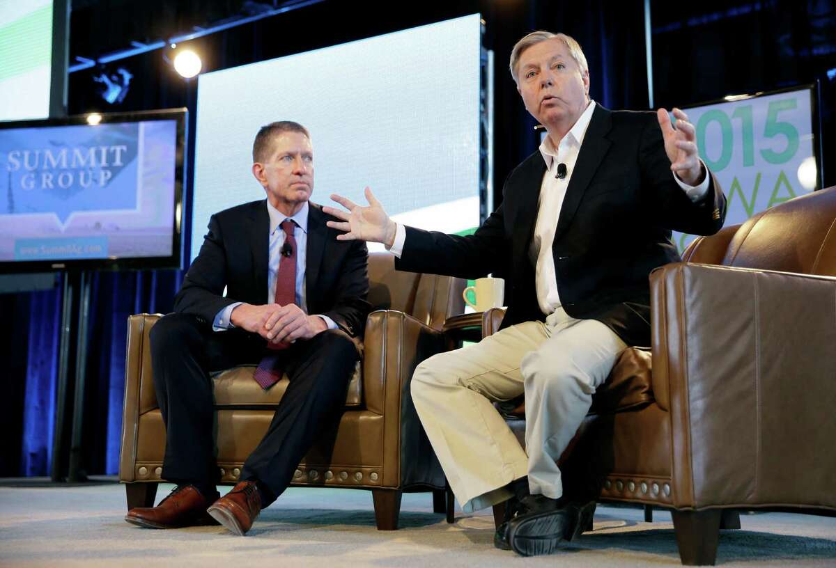 Sen. Lindsey Graham, R-S.C., is interviewed by host Bruce Rastetter, left, during the Iowa Agriculture Summit, Saturday, March 7, 2015, in Des Moines, Iowa. (AP Photo/Charlie Neibergall)