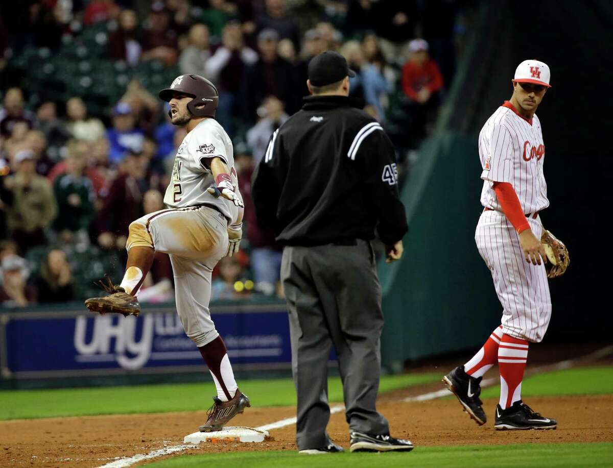 Texas A&M's Ryne Birk helped the Aggies get a leg up on Houston with an RBI triple in the seventh inning of the Aggies' 6-0 shutout at Minute Maid Park.