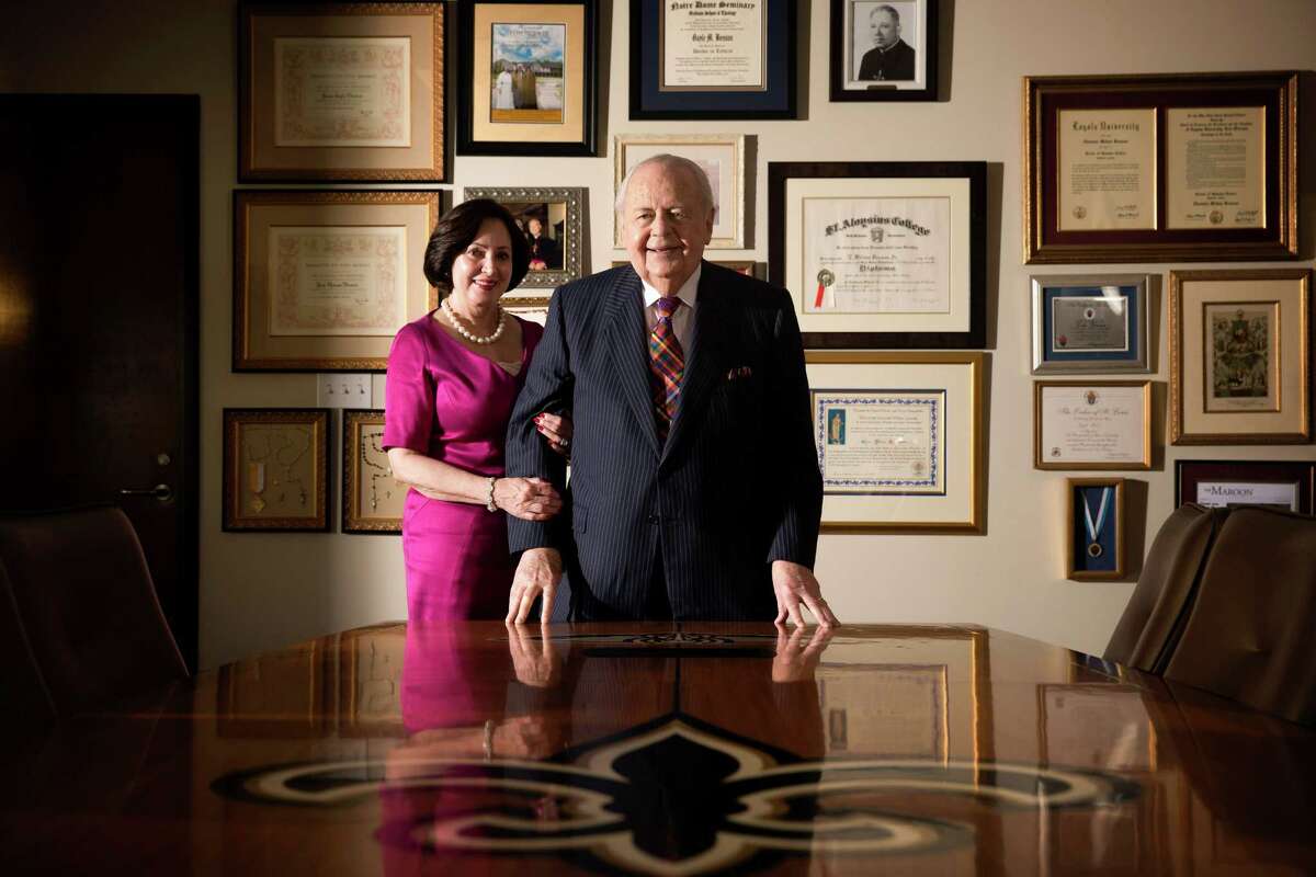 Tom Benson, owner of the New Orleans Saints and New Orleans Pelicans, with wife Gayle at the Saints’ headquarters in Metairie, La. The future of the professional sports teams remains at stake as the couple battles his daughter and grandchildren over future control of his various assets including his late first wife’s estate.