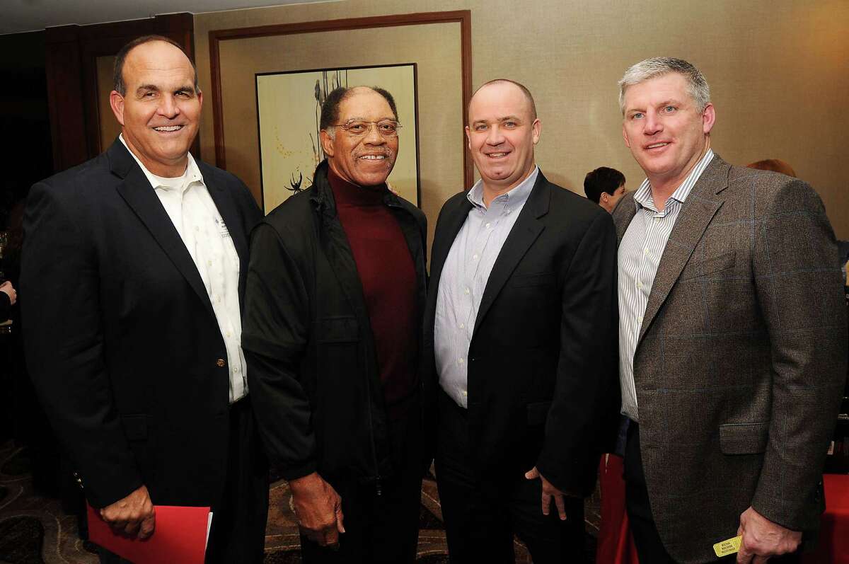 From left: NFL Hall of Famers Bruce Matthews, Elvin Bethea, Texans Head Coach Bill O"Brien and Hall of Famer Mike Munchak at the Special Olympics Banquet at the Westchase Hilton Sunday March 8,2015.(Dave Rossman Photo)