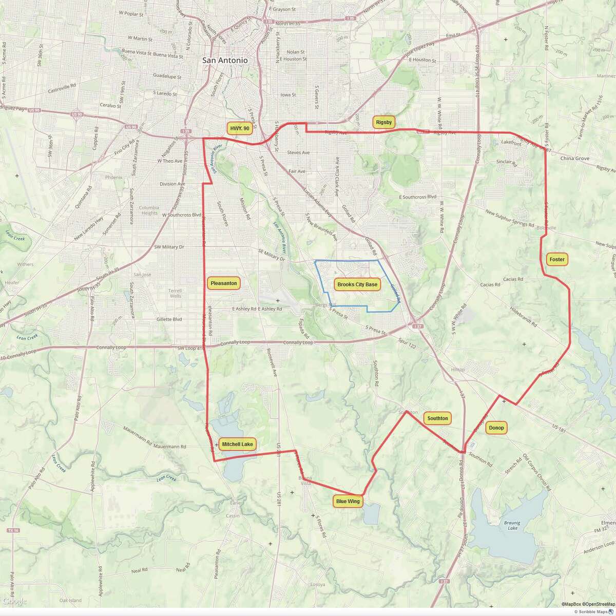 The Brooks Development Authority launched the program to encourage its workers to live within three miles of the Brooks City Base, as pictured above. Workers will receive $2,400 annually if renting and a one-time incentive of $3,600 if purchasing a home. Click though the slideshow to see 10 homes that lay within the three-mile radius.