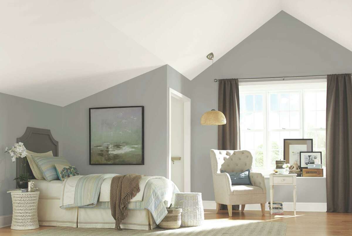 An attic room featuring Dovetail, one of the grays offered by Sherwin-Williams.