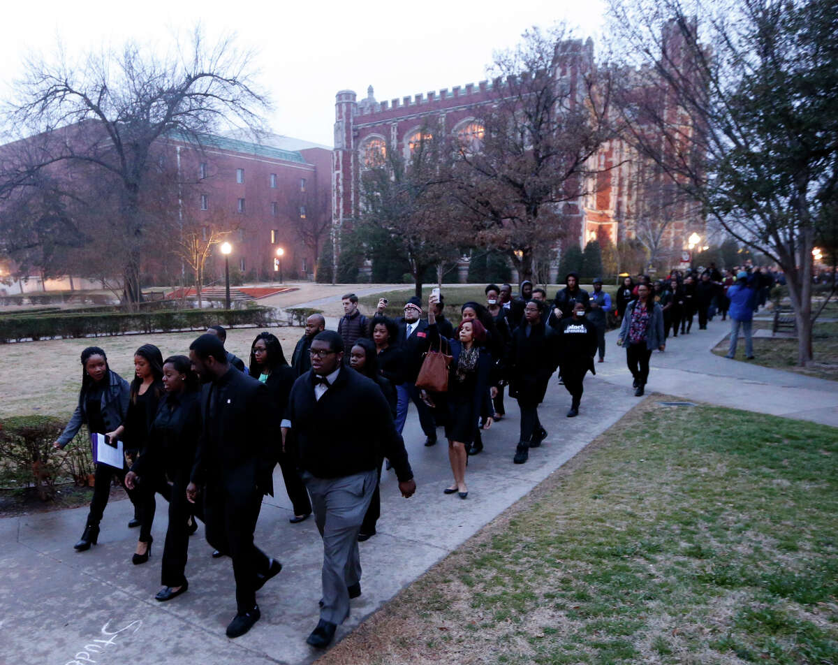 Students at the University of Oklahoma protest a fraternity's racist c...