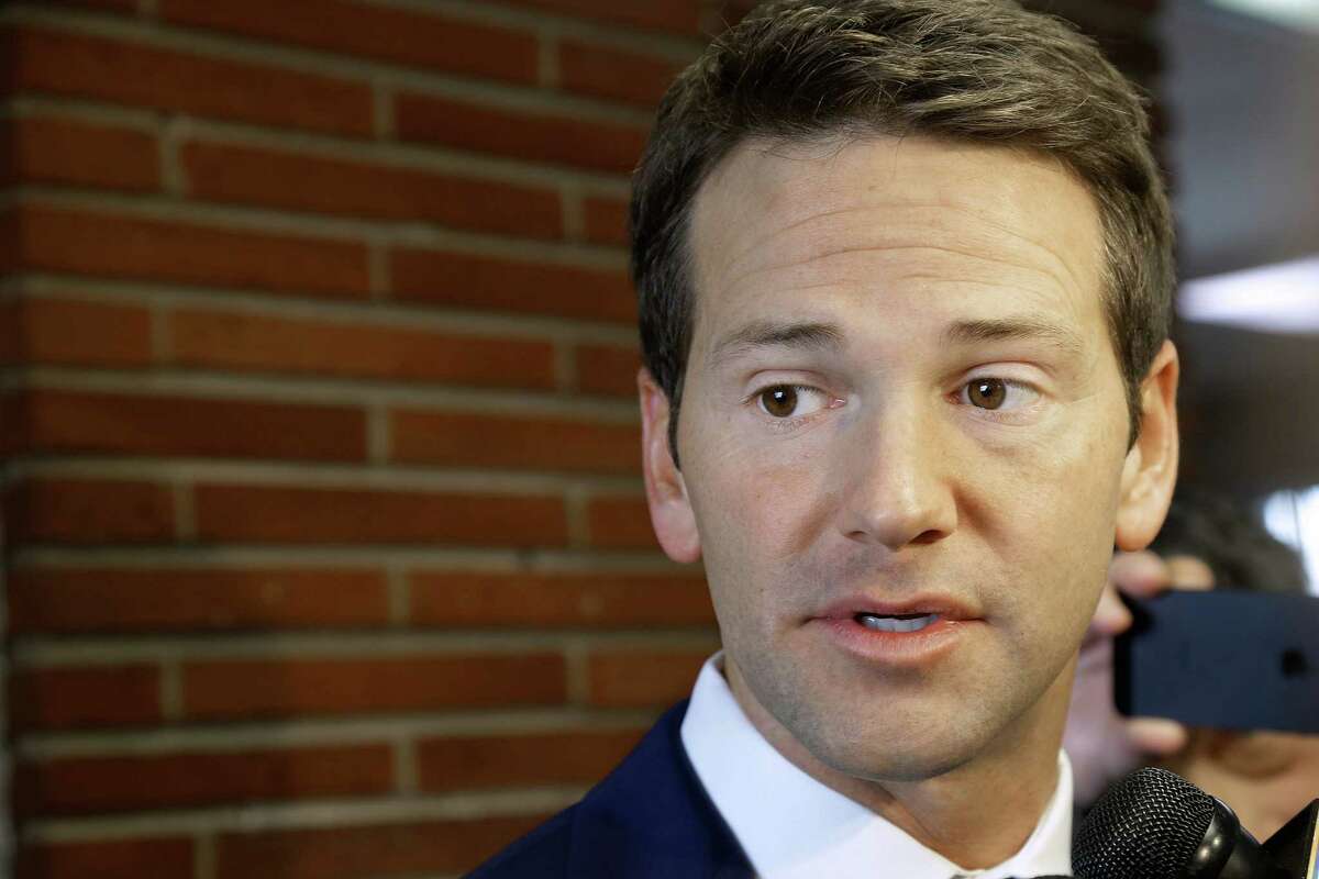 FILE - In this Feb. 6, 2015 file photo, Rep. Aaron Schock, R-Ill. speaks to reporters in Peoria Ill. The Associated Press has learned that Schock billed taxpayers more than $10,000 on private flights last fall that included a trip to a Chicago Bears football game. The flights last November donÂ?’t include more than a dozen trips on donorsÂ?’ planes that Schock paid for out of his House office expenses or campaign funds since joining Congress in 2009. (AP Photo/Seth Perlman, File)
