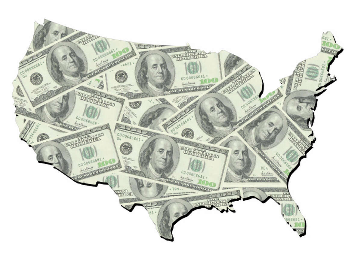 map of united states with random one hundred dollars bills