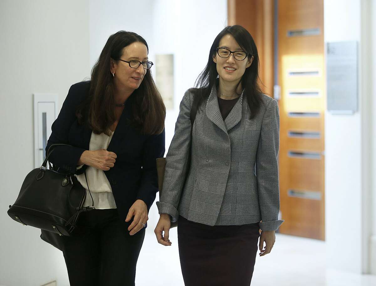 Ellen Pao (middle), plaintiff in the sex discrimination trial against Kleiner Perkins Caufield and Byers leaves the courtroom with attorney Therese Lawless (left) in San Francisco, California on Thursday, March 5, 2015.