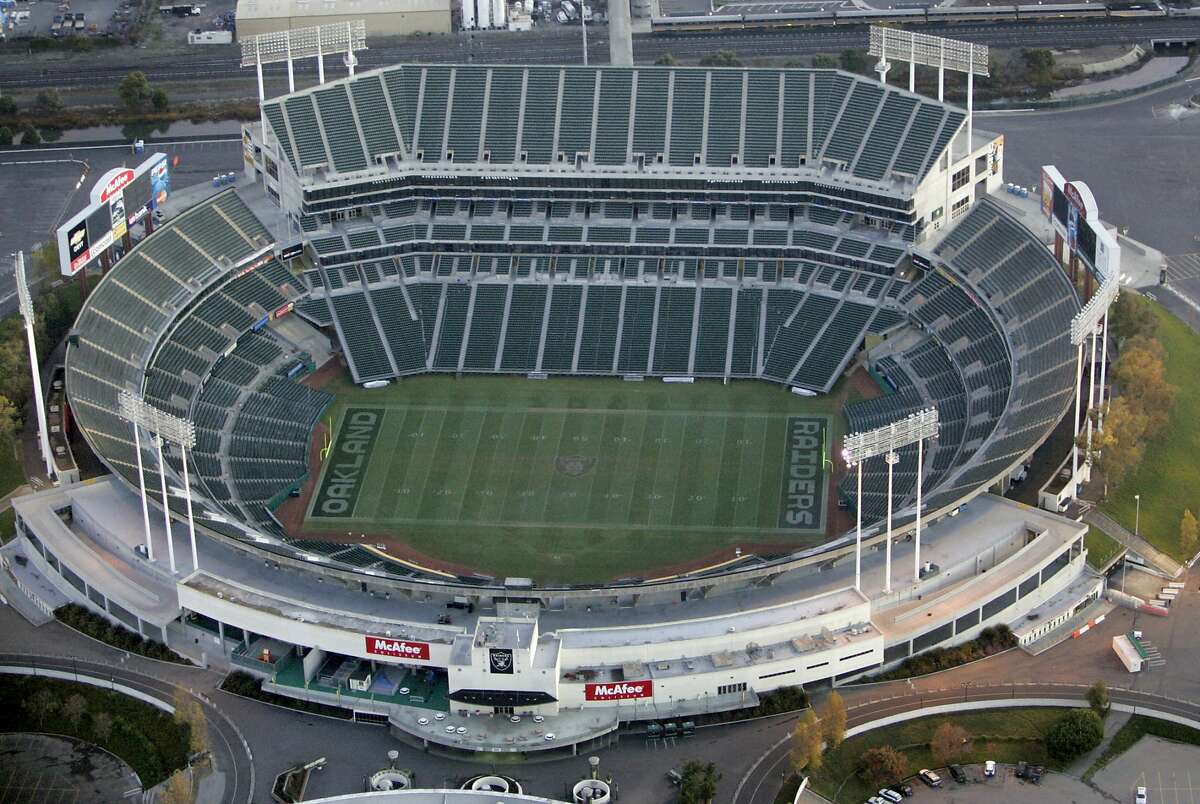 An aerial view of the McAfee Coliseum, home of the Raiders and Athletics on 12/6/05 in Oakland, Calif.