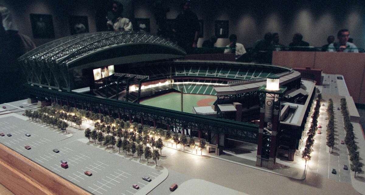 10-07-96 This is yet another shot of the model for the new Mariners Ballpark released by NBBJ. This is shows the lights on in the lighthouse style tower entrance.