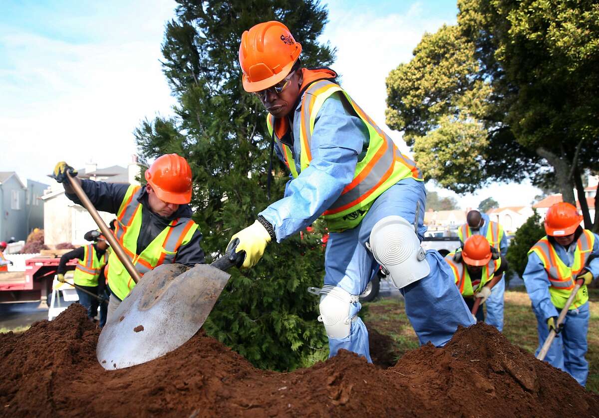 Mike Godsby (left) and Rockey Anderson of the Department of Public Works plant a tree honoring famed twin Marian Brown, who died last year, in a park on Sloat Boulevard in San Francisco, Calif. on Wednesday, March 11, 2015. The California incense cedar was planted next to another one that was planted in honor of Marian's twin sister Vivian, who passed away in 2013.