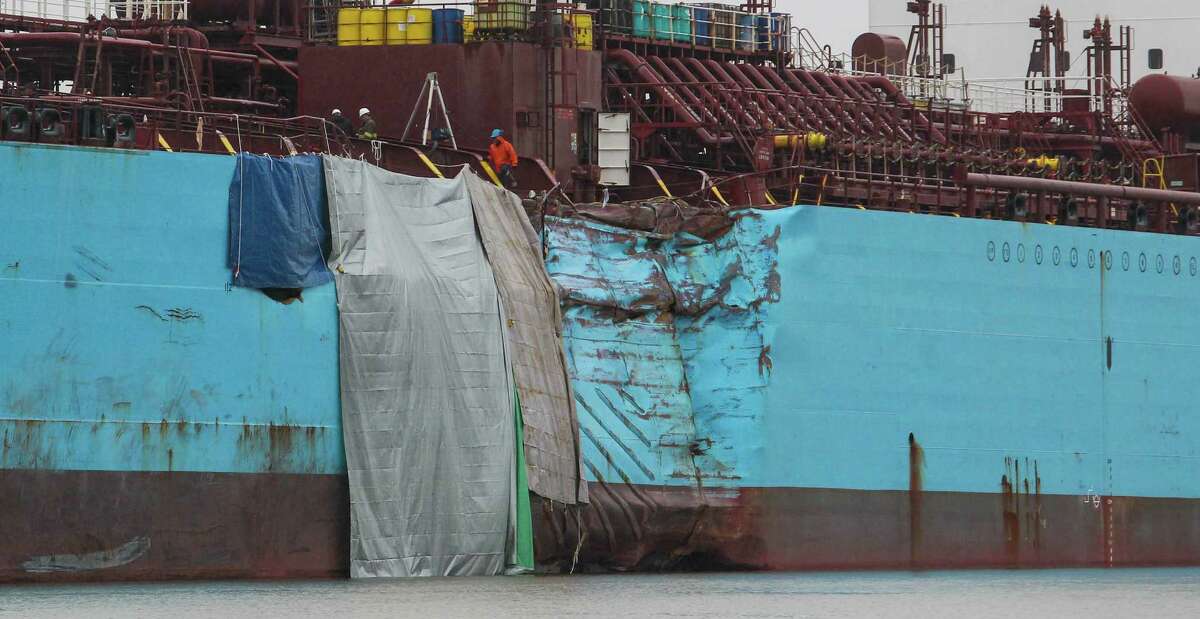The hull of the chemical tanker Carla Maersk shows the results of its collision Monday with the Conti Peridot, a Liberian bulk carrier, in the Houston Ship Channel.