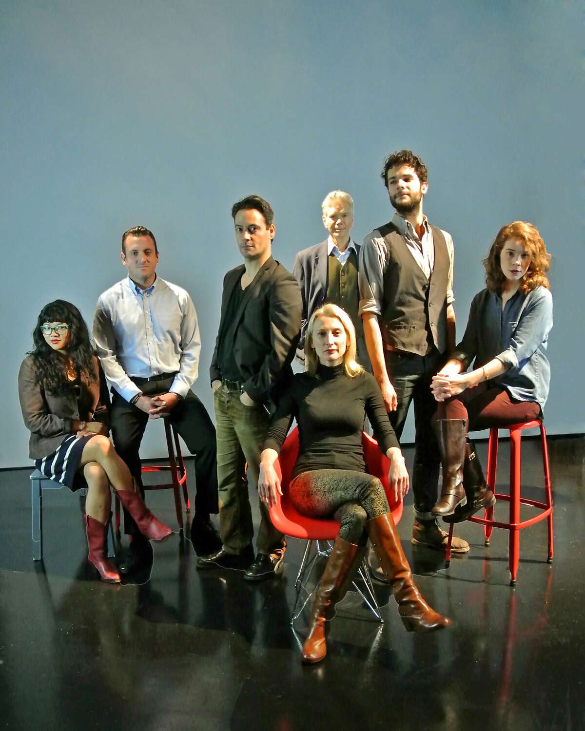 The cast of Aaron Posner's "Stupid F##king Bird" at San Francisco Playhouse includes (from left) El Beh, Joseph Estlack, Johnny Moreno, Carrie Paff (seated), Charles Shaw Robinson, Adam Magill and Martha Brigham. The production, an adaptation of Chekhov's "The Seagull," continues through May 2. Photo by Lauren English and Fei Cai