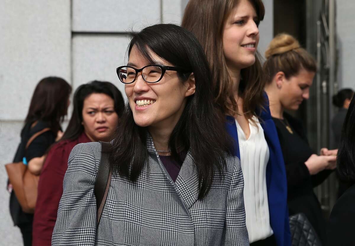 SAN FRANCISCO, CA - MARCH 10: Ellen Pao (C) leaves the California Superior Court Civic Center Courthouse during a lunch break from her trial on March 10, 2015 in San Francisco, California. Reddit interim CEO Ellen Pao is suing her former employer, Silicon Valley venture capital firm Kleiner Perkins Caulfield and Byers, for $16 million alleging she was sexually harassed by male officials. (Photo by Justin Sullivan/Getty Images)