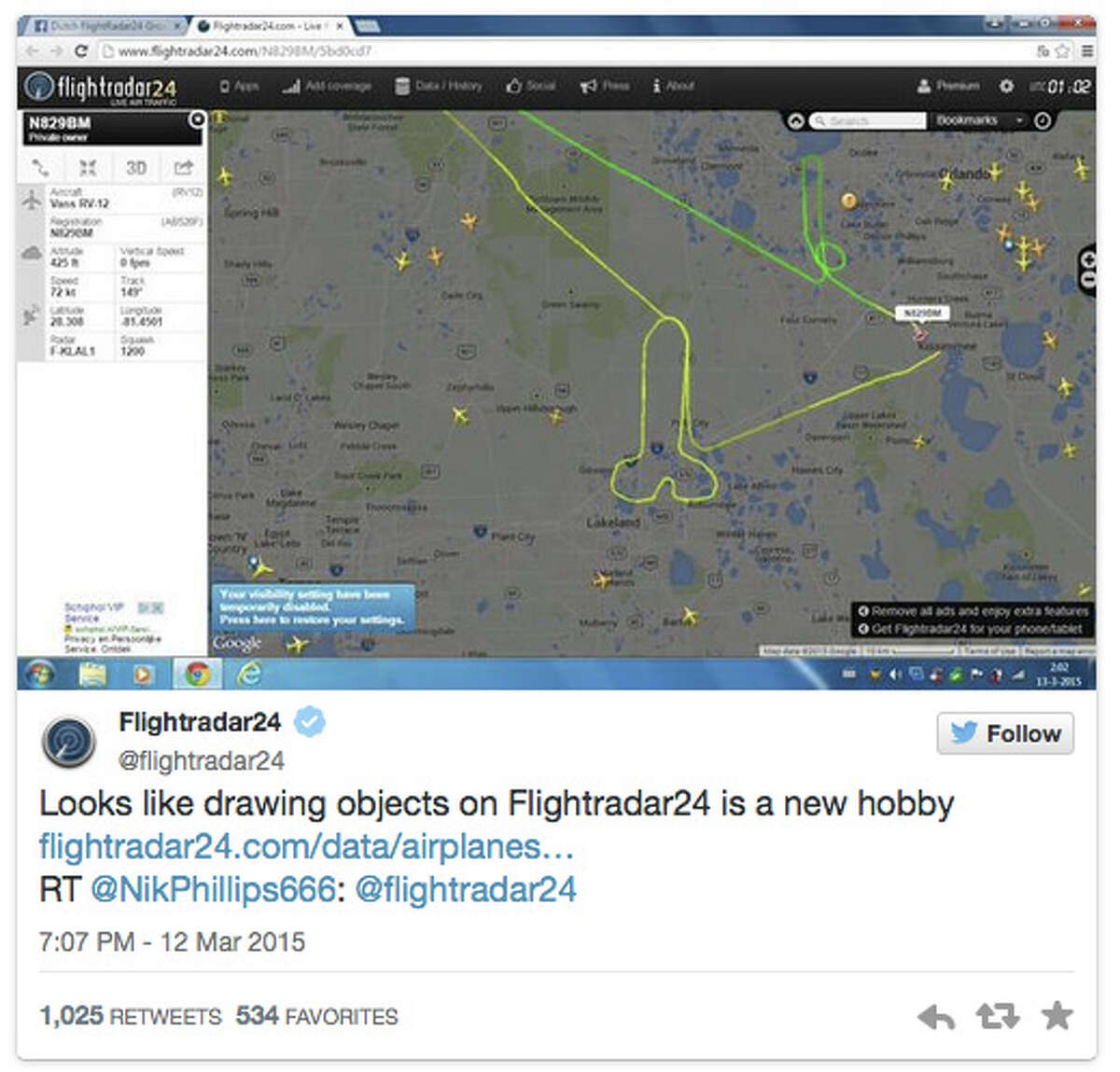 A private plane flown by a pilot with a sophomoric sense of humor took this path over Florida.