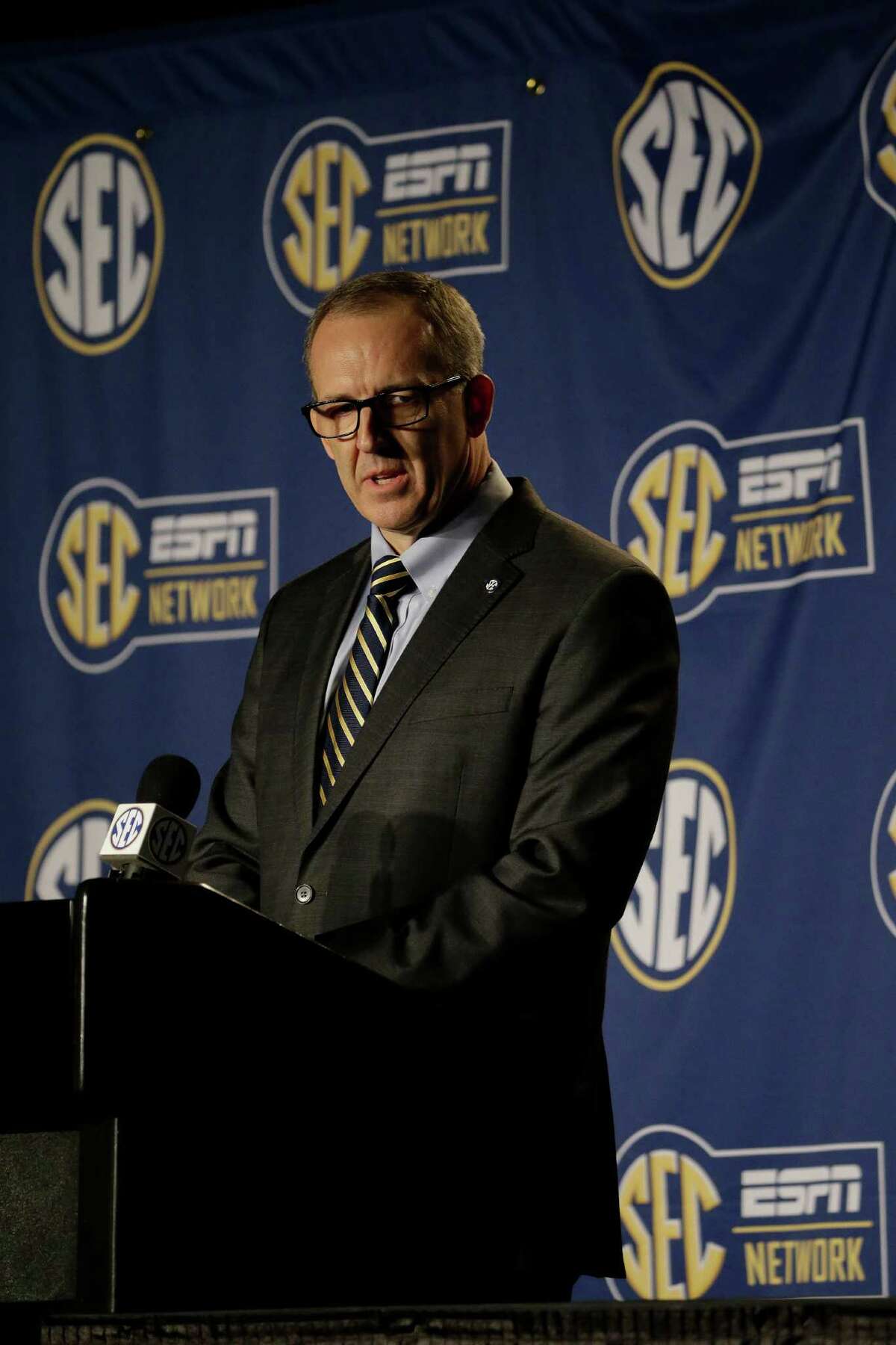 New SEC commissioner Greg Sankey speaks before a game in the quarterfinal round of the Southeastern Conference tournament.