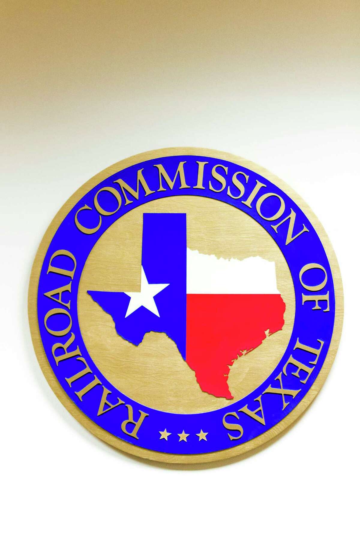 The Texas Railroad Commission's logo at its headquarters in Austin.