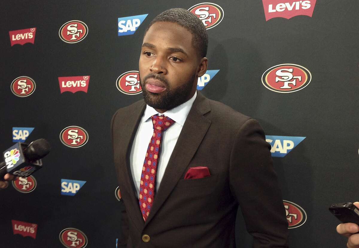 Wide receiver Torrey Smith speaks to the media about joining the San Francisco 49ers at the team's NFL football facility in Santa Clara on Wednesday, March 11, 2015. Smith spent his first four seasons with the Ravens, which prompted questions about his thoughts on the unrest in Baltimore, where he still lives in the offseason.