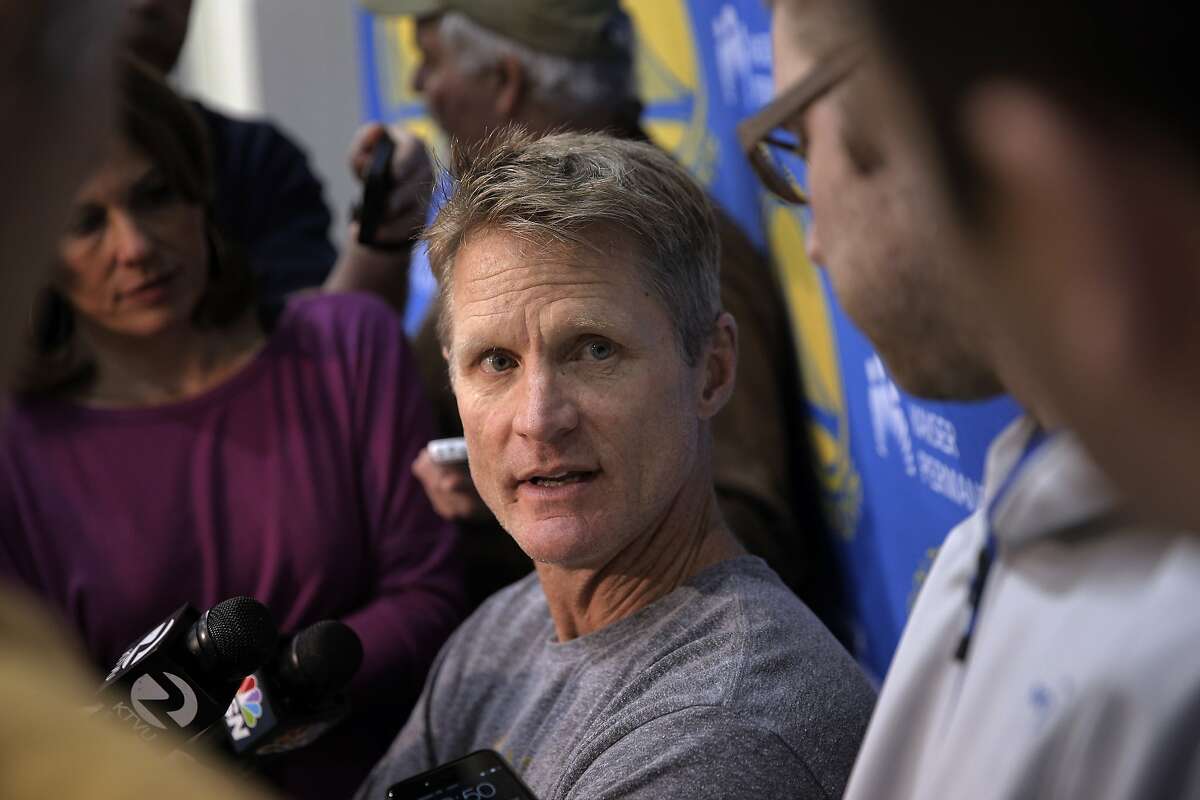 Golden State Warriors coach Steve Kerr, speaks to the press before a game of H-O-R-S-E with Stephen Curry and Klay Thompson at the Warriors training facility in Oakland, Calif., on Tuesday, January 6, 2015. Stephen Curry won the contest which was a challenge for Coaching Corps Game Changer Awards, a collaboration between Comcast Sports Net Bay Area and Coaching Corps. The event honored coaches for their with with their teams and in the community.
