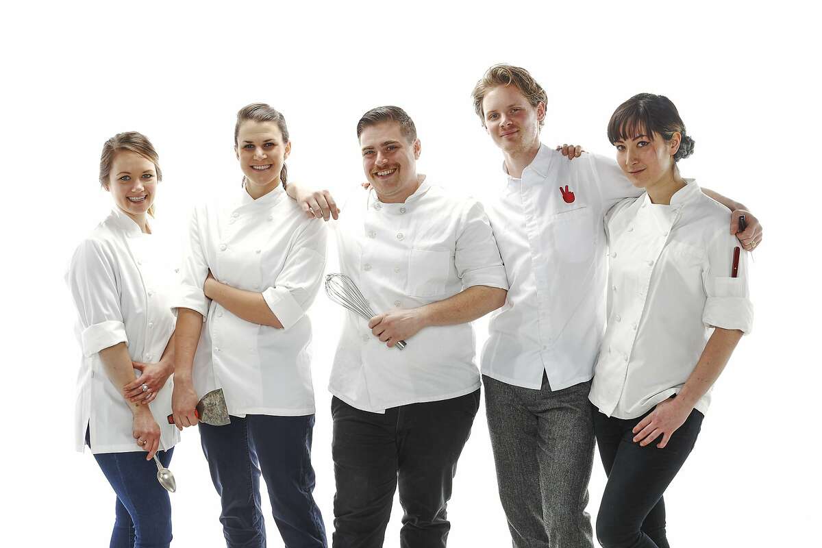 Pastry chefs Laura Cronin of Perbacco, Stephanie Prida of Manresa, Colin Kull of Range, Stephen of Mr. Holmes Bakery, and Maya Erickson of Lazy Bear are seen on Monday, March 9, 2015 in San Francisco, Calif.