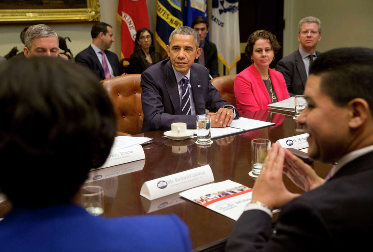S.F. schools chief Richard Carranza (right) is among leaders meeting with President Obama at the White House in March.