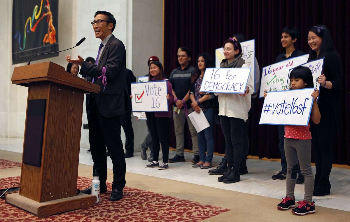 Supervisor Eric Mar speaks during a rally held by the San Francisco Youth Commission at City Hall in San Francisco, Calif. Monday, March 16, 2015 to shine light on new legislation to allow 16 and 17-year-olds to vote in San Francisco.