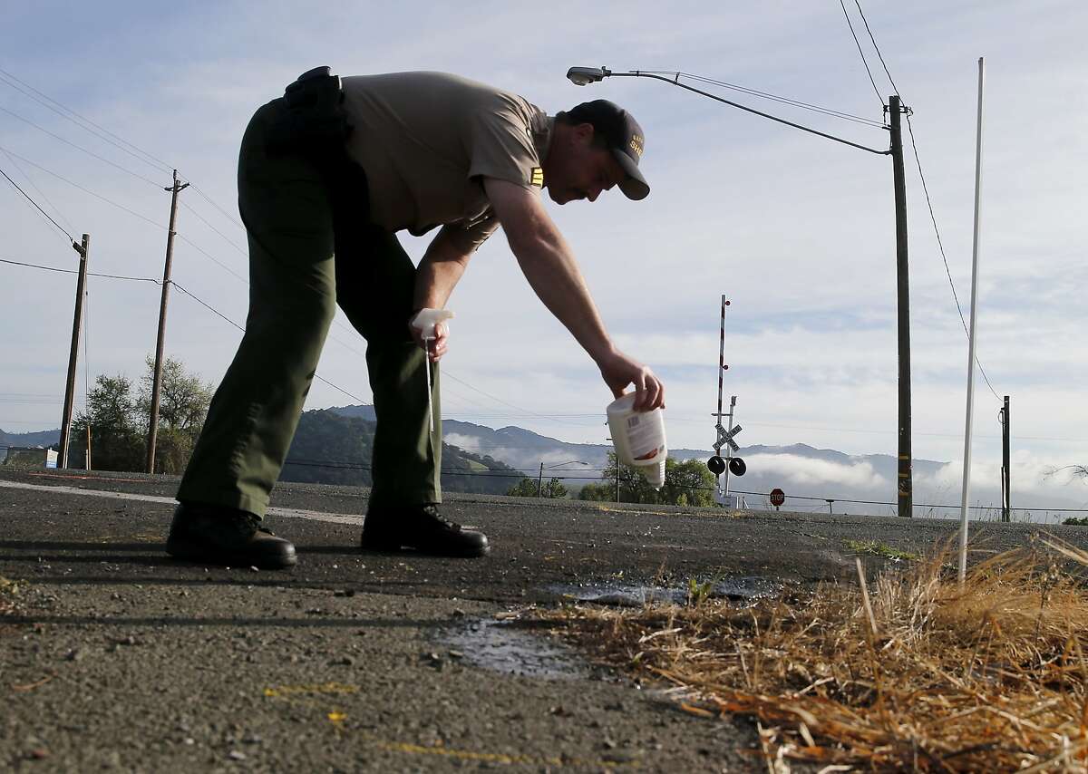 Napa Valley Sheriff Sergeant Doug Wilkinson pours water to dilute the blood of investor Emad Tawfilis who died at this spot on Solano Avenue. Robert Dahl, who recently achieved his dream of opening a winery near Napa, Calif., shot and killed his investor in a bitter legal battle and then allegedly took his own life as the police closed in.