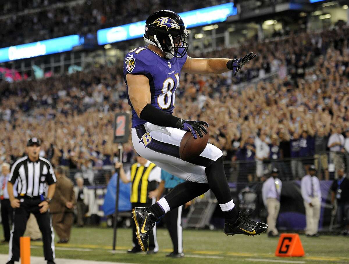 Baltimore Ravens tight end Owen Daniels celebrates his touchdown reception during the first half of an NFL football game against the Pittsburgh Steelers on Thursday, Sept. 11, 2014, in Baltimore. (AP Photo/Nick Wass)