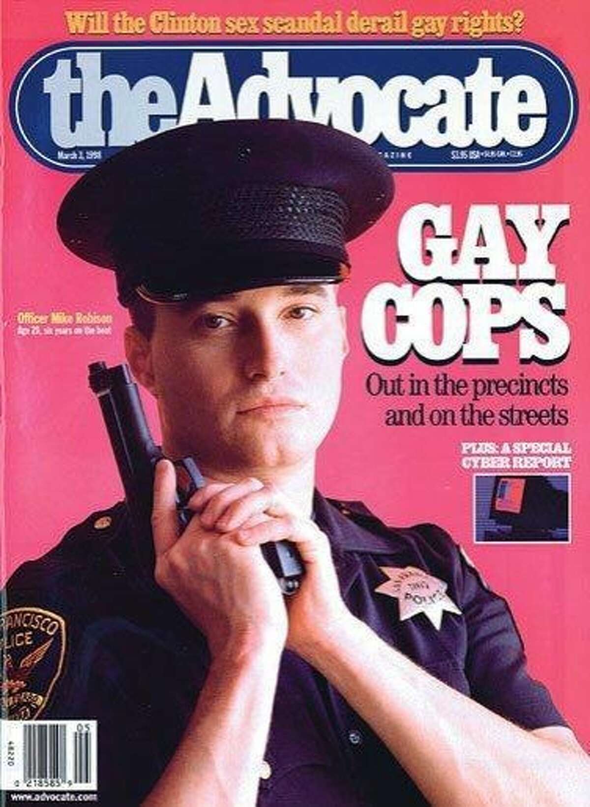 Michael Robison, one of the San Francisco police officers identified in a department probe of racist and homophobic text messages, was featured on the cover of the Advocate, a magazine that caters to gay readers, in March 1998, six years after joining the department as an openly gay man.