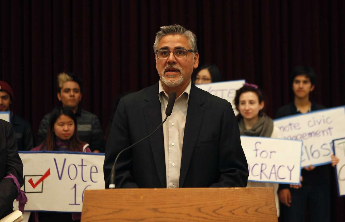 Supervisor John Avalos speaks during a rally held by the San Francisco Youth Commission at City Hall in San Francisco, Calif. Monday, March 16, 2015 to shine light on new legislation to allow 16 and 17-year-olds to vote in San Francisco.