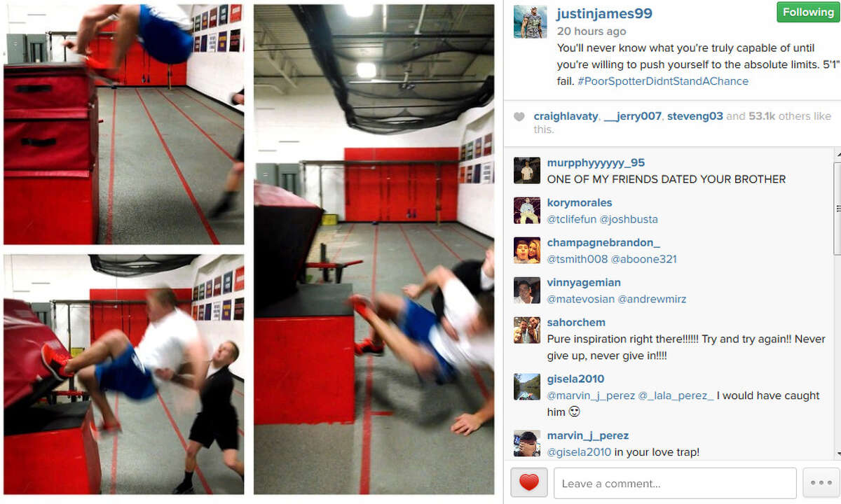 J.J. Watt can do a lot of things on this planet but on Tuesday he couldn’t make a 5-foot-1-inch jump at his training facility. The Texans defensive end nearly made it up top of a stack of workout mats before falling back onto his spotter. (Source: Instagram)PHOTOS: Take a look inside J.J. Watt's cabin in Wisconsin ... 