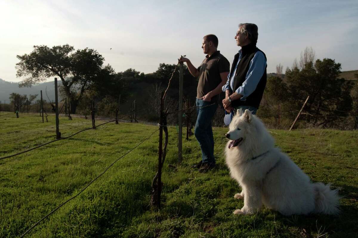 Ridge Vineyards’ Paul Draper (right, with his dog Bodhi) and Eric Baugher, vice president of winemaking-Monte Bello, overlook the grounds in 2010.
